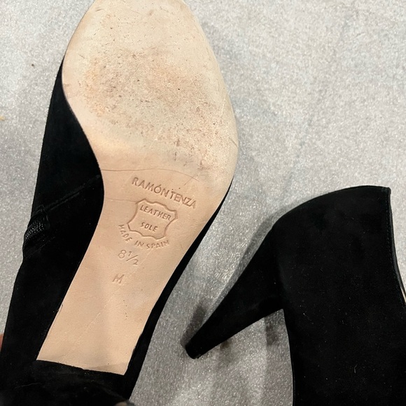 [8.5]RamonTenza Black Women's Pointy Suede Leather Ankle Heels Boots - Picture 7 of 8